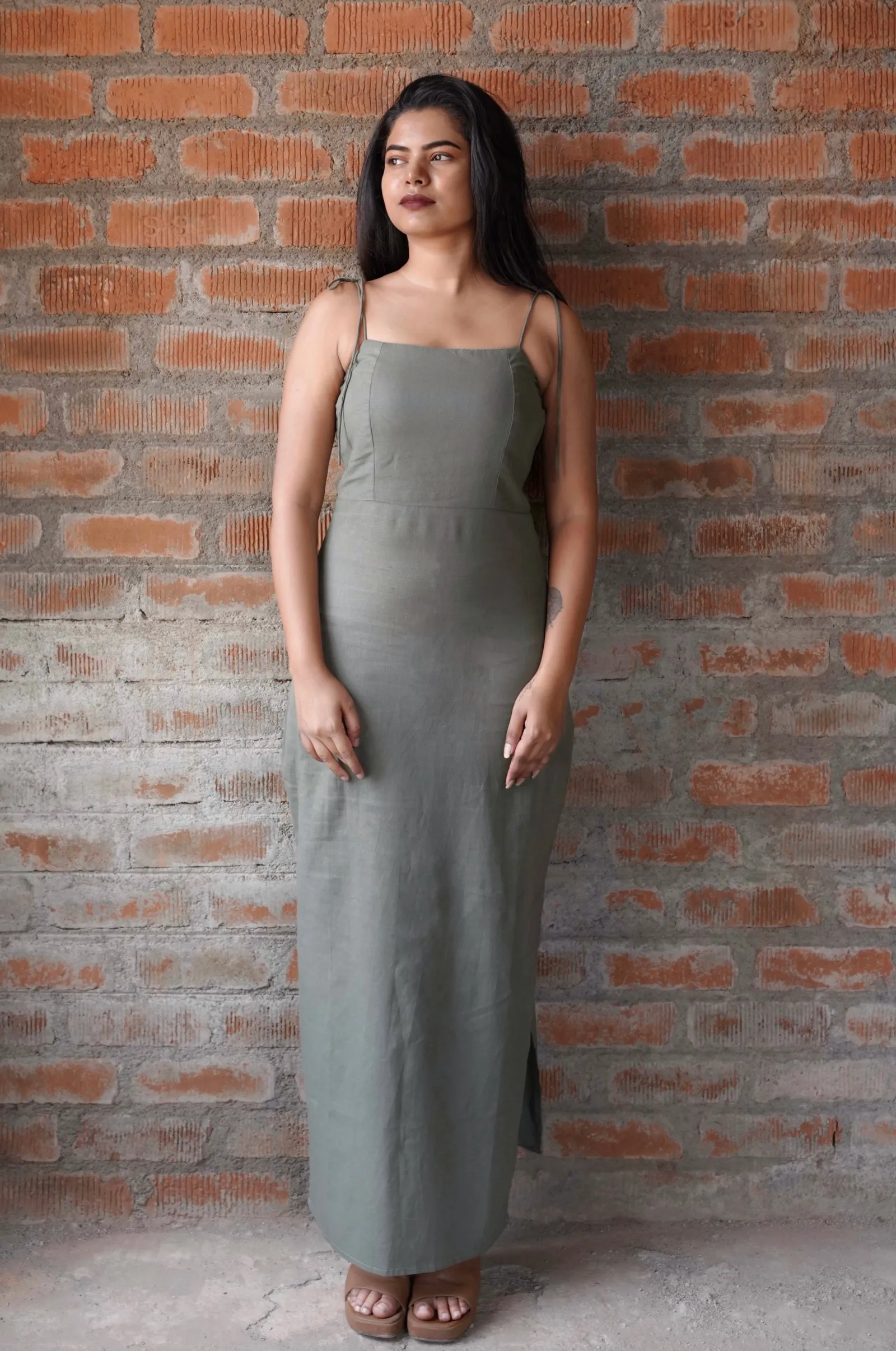 open lace back dress Grace Olive Green Midi Dress